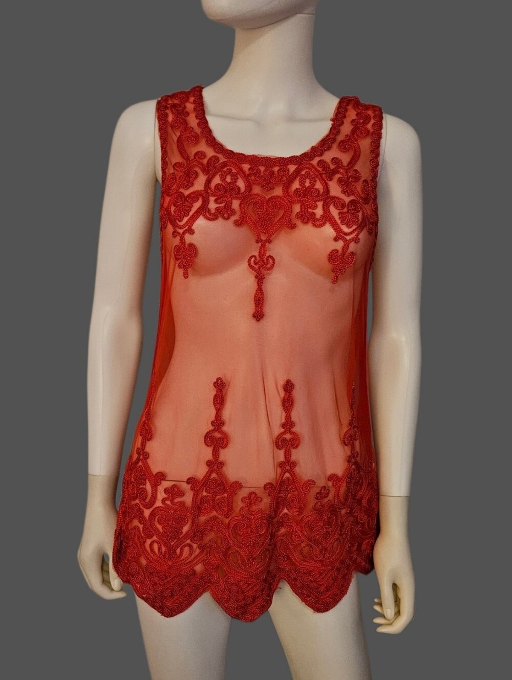 UNIVERSAL FASHION Y2k Sexy Sheer Red Mesh Lace Embroidered Sleeveless Top